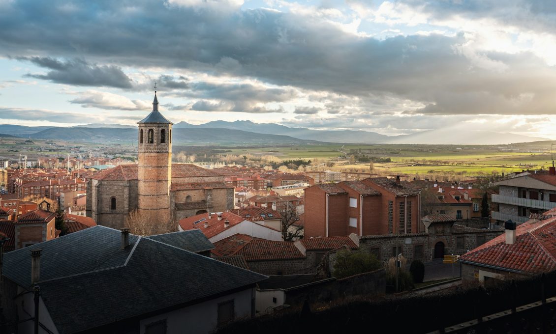 Aerial view of Avila at sunset with Santiago Church - Avila, Castile and Leon, Spain